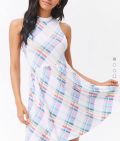 Đầm Rayong Spandex F21 Caro Trắng Xanh Sát Nách Xoè - 0838