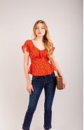 [SALE] Áo Kiểu SIENNA SKY Voan Still Cổ Tim Thắt Nơ Tay Bồng Nhún Eo Xanh Bông Nhí - Size XS 45-48kg