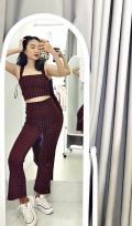 Set Forever 21 caro đỏ đen cropton quần dài