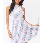 Đầm Rayong Spandex F21 Caro Trắng Xanh Sát Nách Xoè - 0838