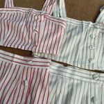 Set Váy Áo Croptop Linen F21 Sọc Dọc Nút Một Bên-0658