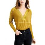 Áo Thun Len Vàng Nghệ FREE PEOPLE Ren Phối Lưới Cổ Tim - 3108