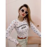 Áo Croptop F21 Cotton Lụa Mịn Cuốn Biên Tay Dài Trắng In Hoa - 3384