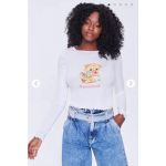 Áo Thun F21 Tay Dài Cổ Tròn Trắng In Gấu - 3365