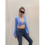 Áo Croptop Tay Dài Xẻ Ngực Cột Chéo Eo - 3459